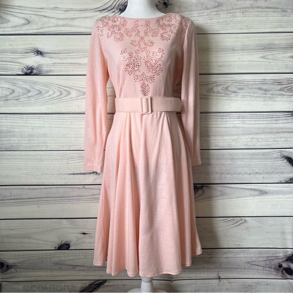 Vintage Clues Collections Blush Pink Belted Long Sleeve Flare Dress